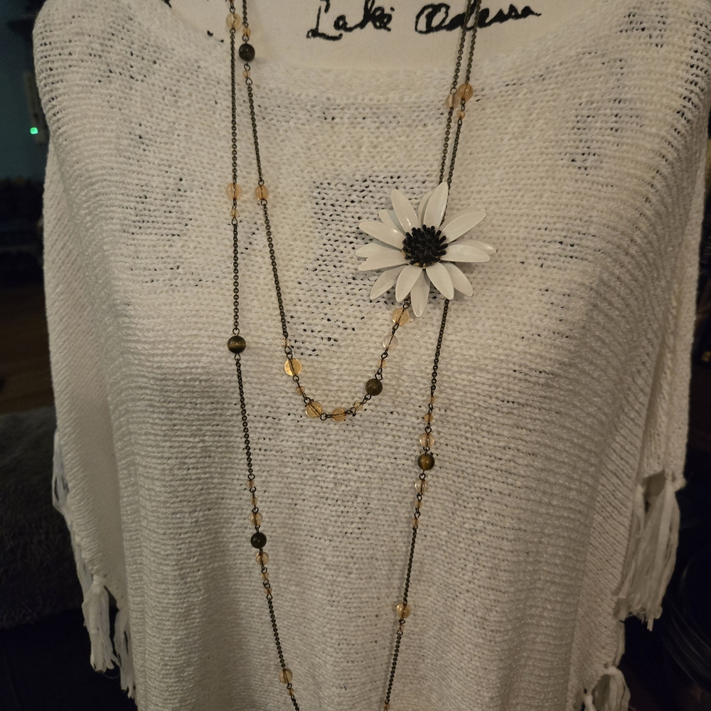 Elegant Long Necklace with White and Gold Accents, Floral Pin Added
